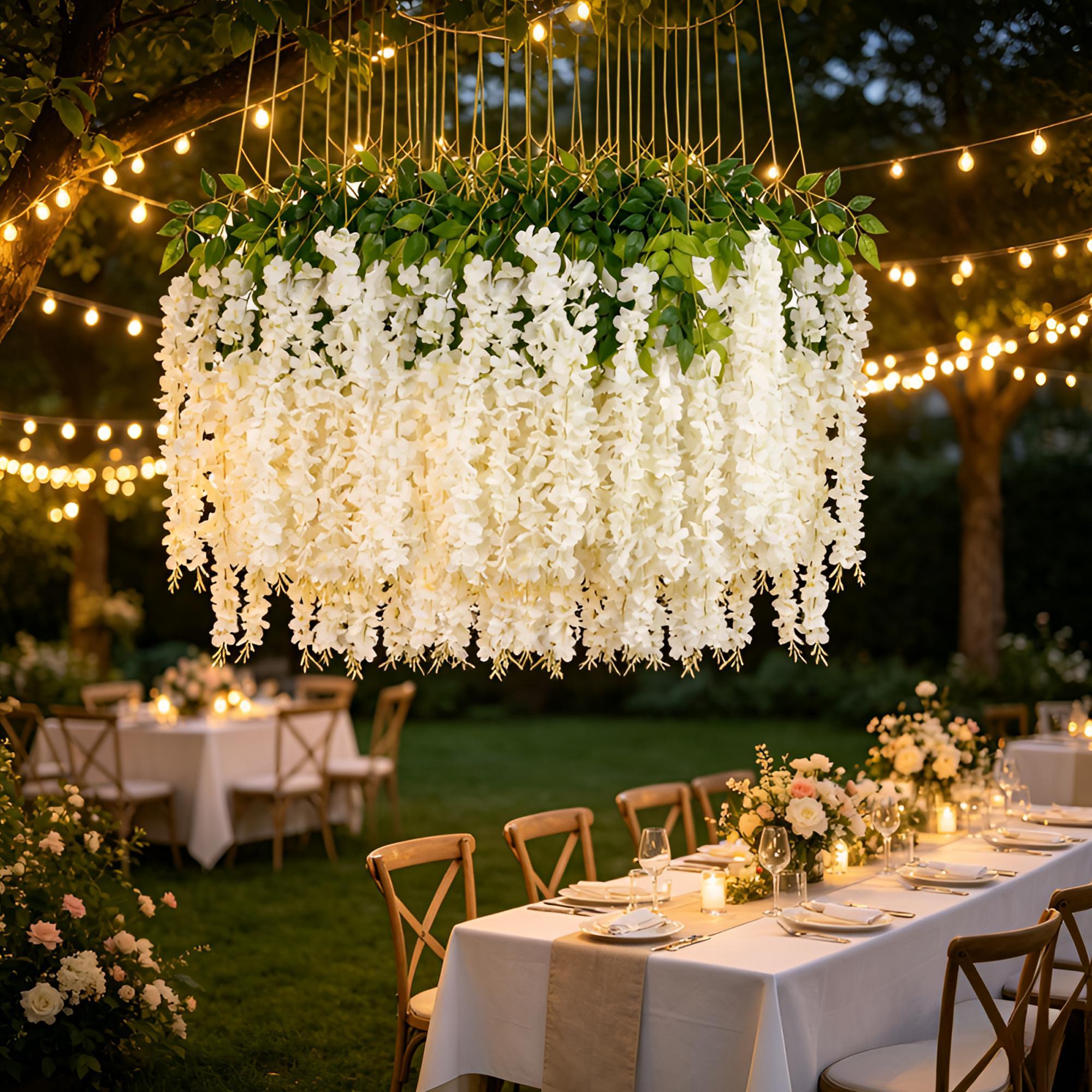 Dense Artificial Fake Wisteria Vine Ratta Hanging Garland 12Pcs 43.3 Inch/Piece Silk Flowers String Artificial Wisteria Flowers for Decorative Home Party Wedding Garden Decorations Artificial Flowers For Outside