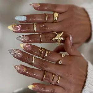 30pcs Almond Nail Art Set, Glossy Finish, Medium Length, French Style 3D Flower Design, Detachable Fake Nails with Jelly Glue