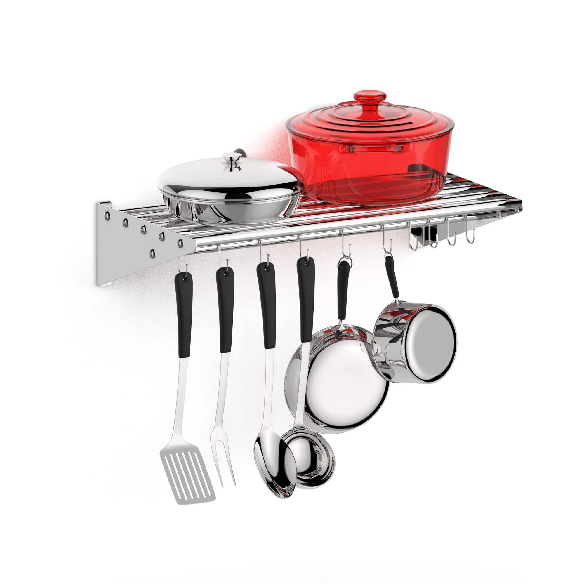 GARVEE Kitchen Rack for Storage 24" x 12" Wall Shelf With 10 Hanging Hooks Stainless Steel Pot Rack Wall Mounted Hanging Pot and Pan Organizer Commercial Shelving With Side Guards for Home and Restaurant