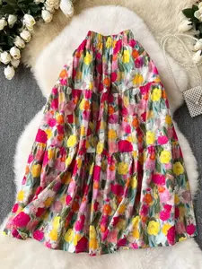 Women's Vintage Floral Print A-Line Skirt, Bottoms, Spring Garden Theme, French High Waist Elastic Waist, Casual Summer Dress, Leisure Half Skirt Boho