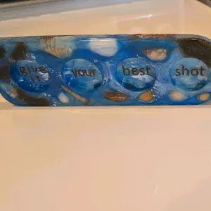 Give it Your Best Shot! Epoxy Shot Serving Tray - Blue with "give it your best shot" Text, Durable Design for seving your alcoholic shots. this item has sea shells and sand from myrtle beach in it. i can produce these in any color, with almost any design