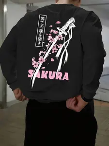 Men's Black Long Sleeve T-Shirt with Sakura Sword Print - Stylish Crewneck for Spring & Autumn Sports & Outdoor Activities - Trendy Casual Gift for Husband or Boyfriend
