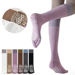 Harkapy 3 Pairs Women’s Non-Slip Toe Grip Socks, Five Toe Yoga Pilates Socks with Silicone Grip Sole, Breathable Cotton Stretch Knee High Athletic Socks for Fitness, Barre, Running & Daily Wear