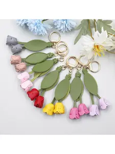 PU leather handmade tulip flower keychain pendant bag charm car decoration gift