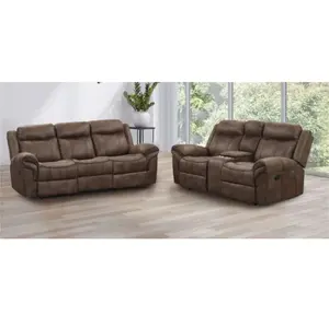 NX6001BR-2PC Agata Brown Leather-Like Fabric Sofa & Love Seat Set with Recliner Ends & Cup Console for Cozy Living Room Lounge