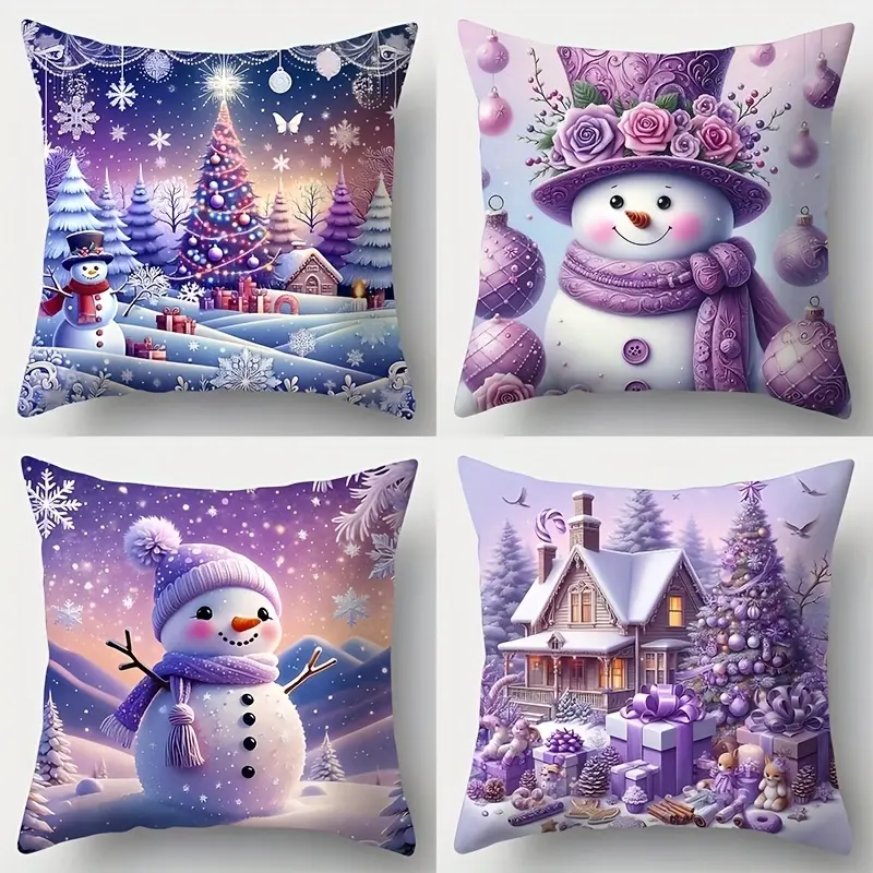 4pcs, Festive Christmas Pillow Covers, Snowman & Winter Scene Decorative, Purple Cushion Cases, Cushion slipcovers, Home Décor Products, Cushion Cover Decoration for Couch Sofa, Home Decor, Single Sided Printing, No Pillow Core