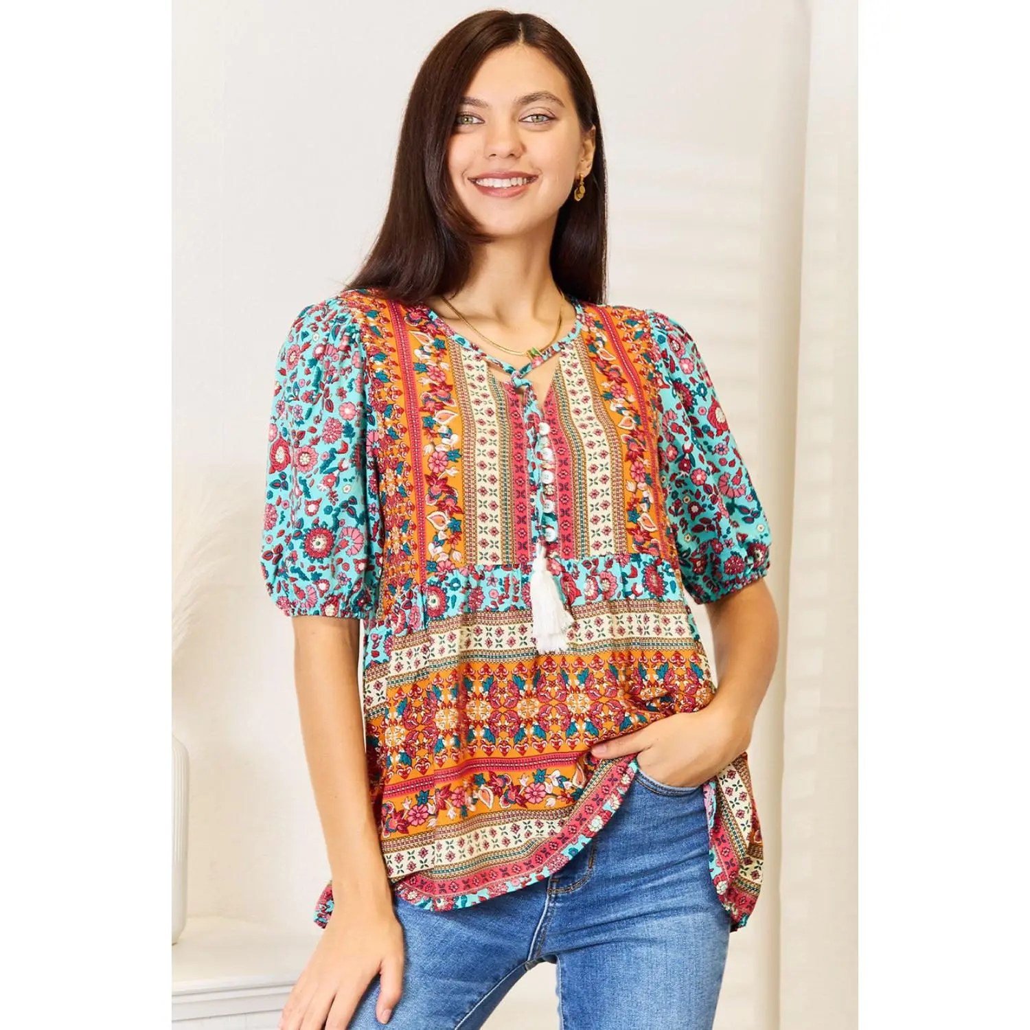 Devine Bohemian Tassel Tie Puff Sleeve Babydoll Blouse