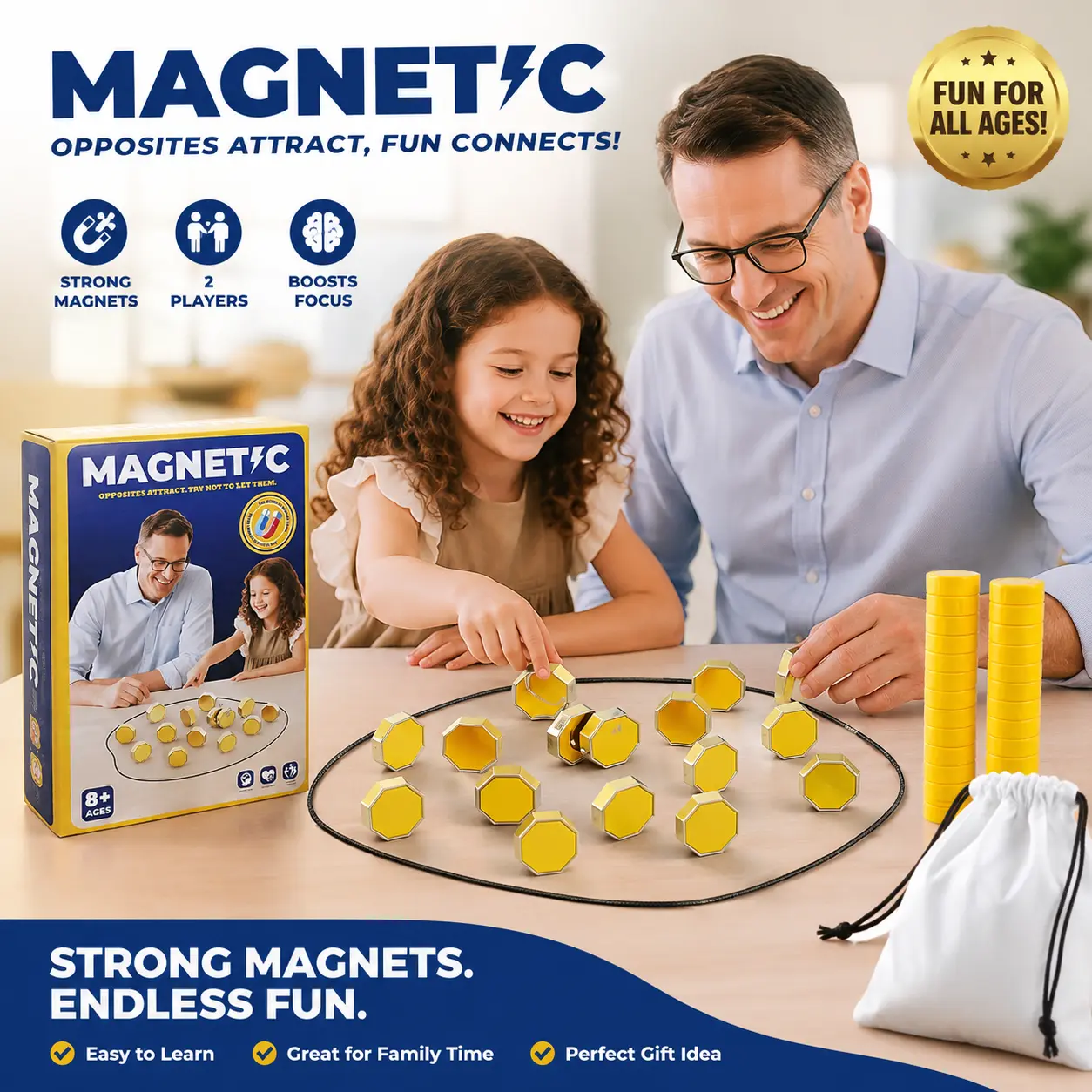 Magnetic Chess Game with 20 Full-Size Stones, Magnet Game with String & Portable Storage Bag, Strategy Board Game for Family Game Night, Indoor Outdoor Use for Kids Adults