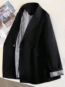 Women's Vintage Long Sleeve Blazer Jacket, Womenswear, Button, High-End Elegance, Aesthetic, Striped Lining, Suitable for Commuting, Office, Formal Occasions