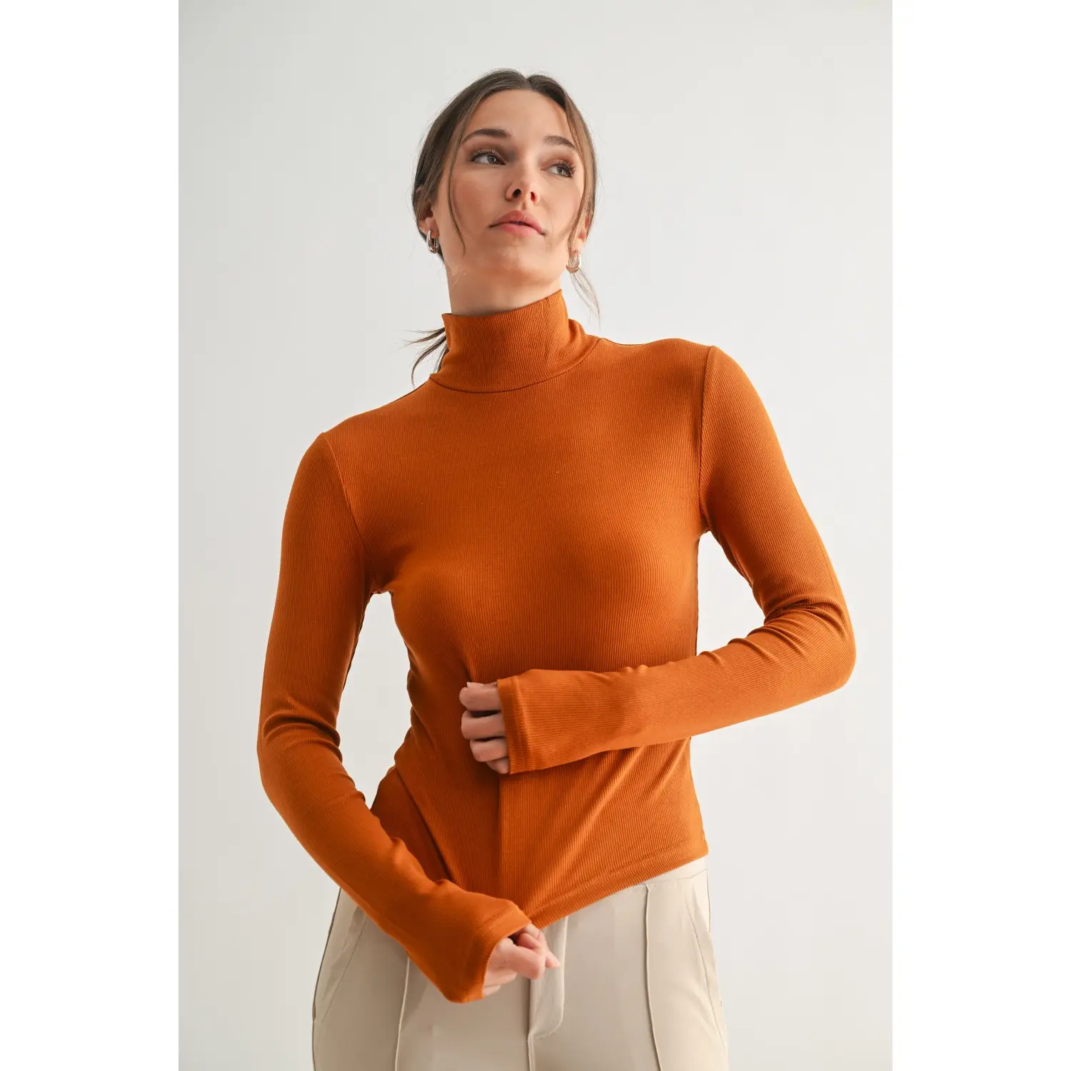 Micro Ribbed Long Sleeve Turtleneck Soft Stretch Fitted Top Neutral Basic Silky Soft Curve Hugging Effortless Layer Cream Burnt Orange Camo Green Black Womenswear Hip Knitwear Rayon Spandex Streetwear Tshirt