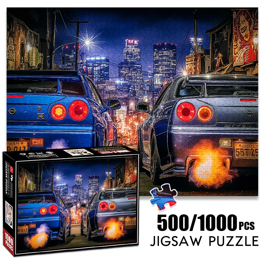 1pc 1000 piece adult puzzle 70x50cm Two Sports Cars in City Night Scene with Exhaust Flames500 pieces of paper jigsaw puzzle, suitable for adults and families, large-scale DIY puzzle interactive to