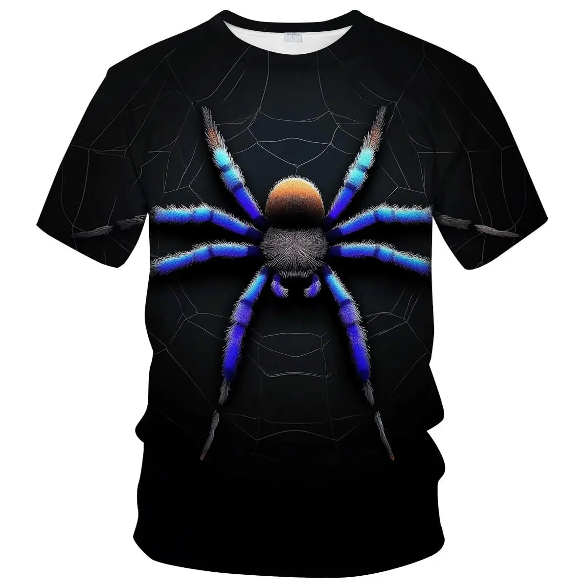 Women's Short-Sleeve Breathable Printed Round Neck Tshirt - Unisex Lady's Gothic Top with 3D Blue Tarantula Spider Web Print for Adults, Halloween Costume Party Streetwear, Casual, Shortsleeve, Fabric