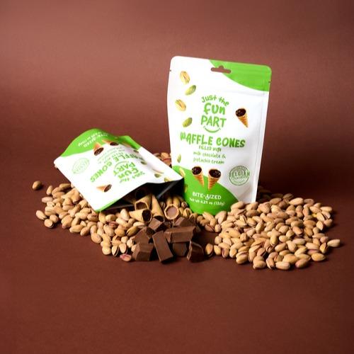 Just the Fun Part Mini Waffle Cones filled with Pistachio Cream & Milk Chocolate Dessert Snack Crunchy Bite Flavor Bonbon