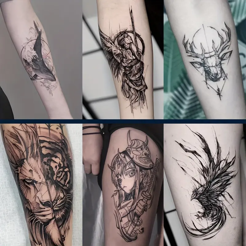 6 Large Herbal Tattoo Stickers, Including Whale, Angel, Reindeer, Lion Tiger, Geisha, Phoenix and Other Elements, 2 Random Styles, Lasting 7-15 Days, Waterproof and Wear-resistant, Realistic Effect, Suitable for Those Afraid of Pain and Not Wanting to Get