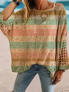 Spring and summer round-neck rhombus hollow bat-sleeve knitted sweater, loose vacation-style cardigan with geometric print, casual and elegant, versatile for daily commuting.