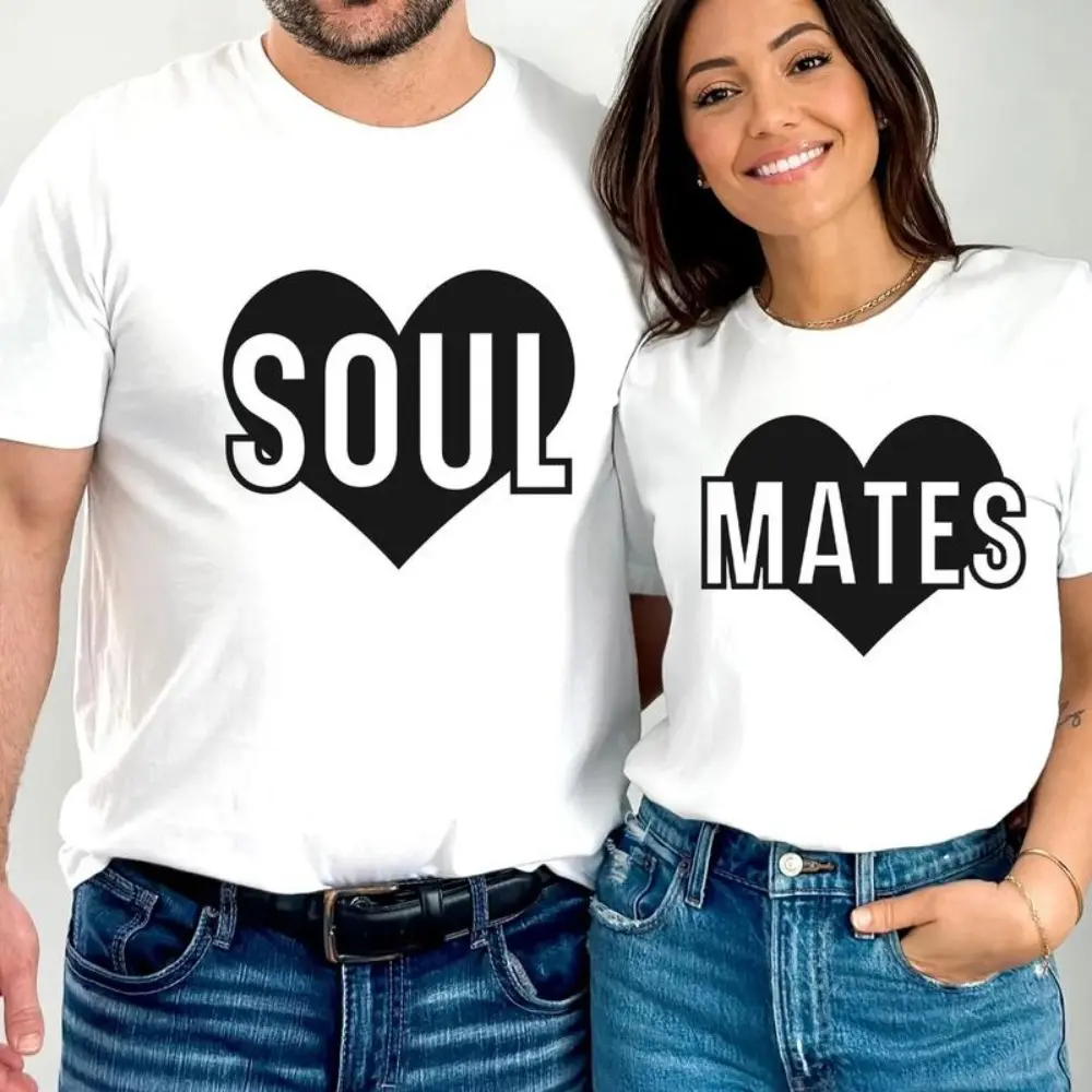 Couples Matching T-Shirt Set, 2-Piece Cotton Crewneck Tees with a Funny Love Theme Graphic, Casual Shortsleeve Outfits for Anniversary or Valentines Day, Clothes, Cute, Everyday, Soft Cotton, Crew Neck, Short Sleeves, Gift For Spouses, Love-Themed, Machin