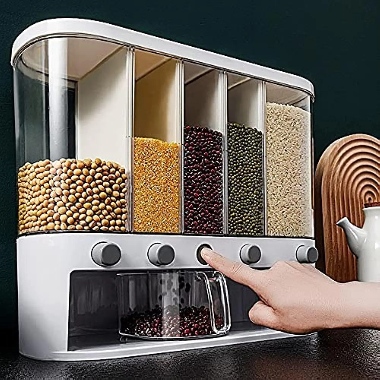 Dry Food Dispenser,Wall mounted 5 Grid Cereal Dispenser,Rice dispenser 25 pounds with Measuring Cup