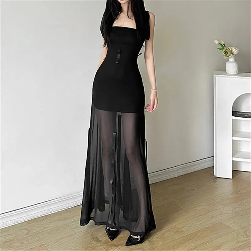 Women's Gothic Sexy Strapless Hooded Long Dress Dark Fairycore Bodycon Ankle-Length with Bow Mesh Detail Polyester Spandex