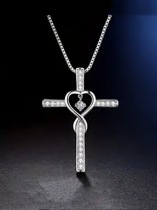 Vintage Elegant Unique Cross Pendant Necklace with Heart, Dainty Cross Necklace, Set with Sparkling Rhinestones, Silvery Cross Pendant Necklace, Simple Jewelry Gift Suitable for Both Men and Women Gift From A Best Friend, Cross Charm Necklace