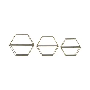 212 MAIN Set of 3 Hex-Shaped Decor Wooden & Metal Folding Floating Shelves - 21in, 24in, 26in, Gold, Wall Mount Compatible, Indoor Use Shelf, Floating Shelf