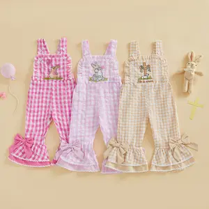 Toddler Baby Little Girls Easter Romper Jumpsuit Sleeveless Plaid Rabbit Embroidery Bell Bottom Overalls Kids Clothes 6M-4Y