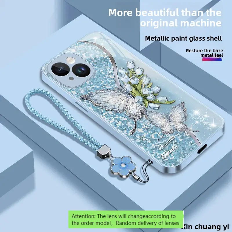 Random lens, new rose butterfly metallic paint glass phone case. Suitable for iPhone 17/16/15/14/13/12/11/7/8/Pro/ProMax/Plus/Air/E/X/XS/XSMAX series, birthday gifts, holiday gifts, couple phone cases