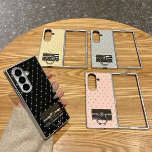 Silver Color Shell with Diamond Pattern, Foldable Smartphone Case with Metal Ring Stand Holder, Full Protection for Samsung Z Fold3/4/5/6/7