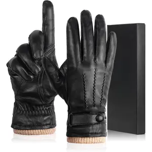 Winter Genuine Sheepskin Leather Gloves for Men, Warm Cashmere Lined Black Leather Touchscreen Motorcycle Gloves