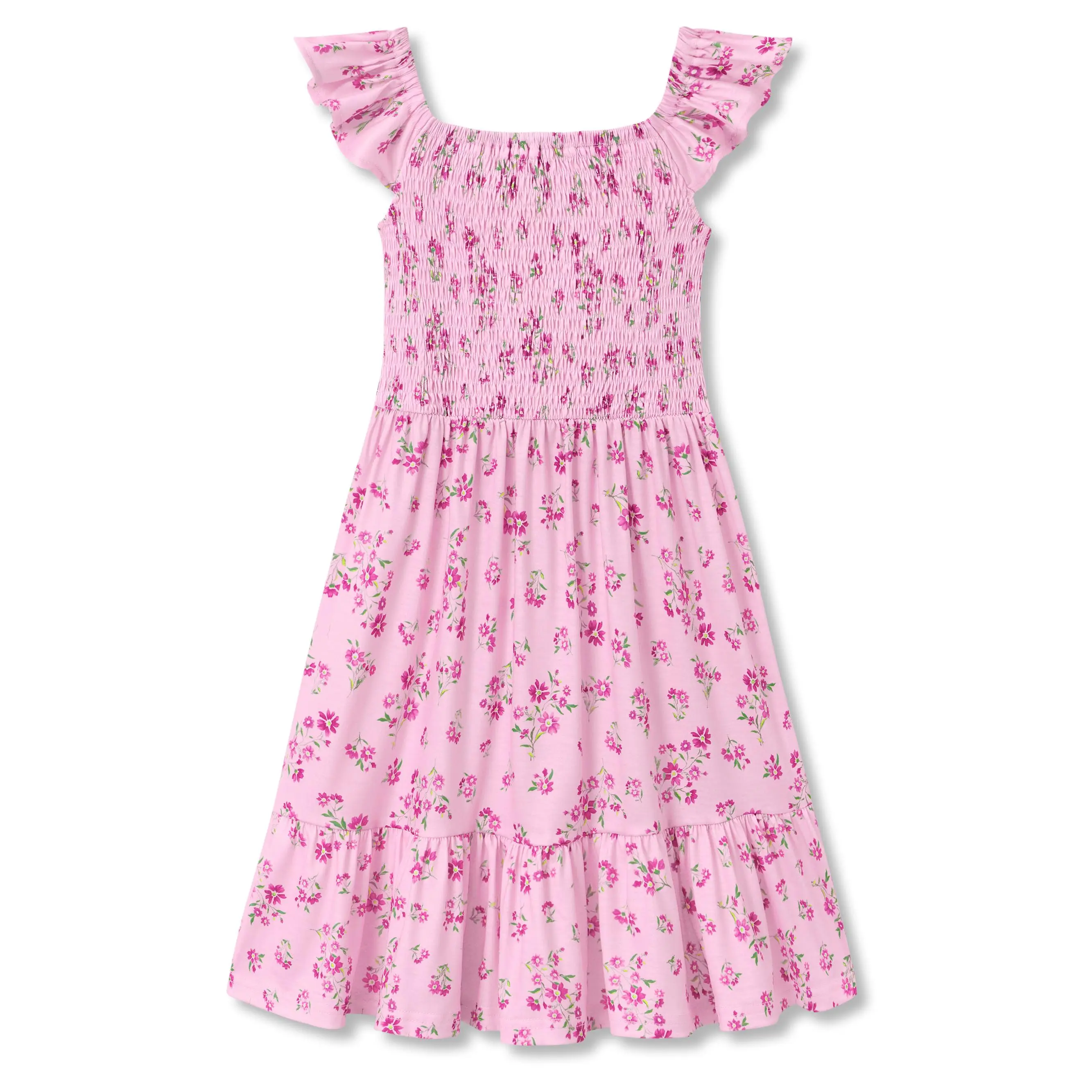 FOSTKU Girls' Summer Cotton Blend Casual Dress - Smocked Elastic Waist, Flutter Sleeves, Floral Print Pink Sundress for Playtime, Sizes 6-16