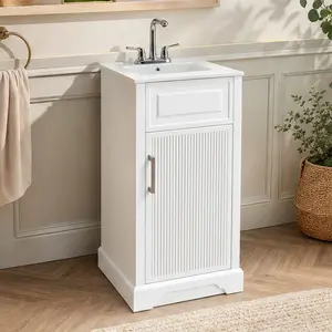 ARCH 18-Inch Freestanding Single Bathroom Vanity with Top, Solid Wood White Floor Cabinet, Soft Close Doors and Drawers, Fully Assembled, Includes 2 Hardware Sets (Gold and Silver), Compact Storage for Small Bathroom or Powder Room
