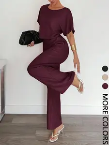 Women's Round Neck Top + Wide Leg Straight Pants Set, Casual Fashion, Comfortable and Stylish, Perfect for Daily Wear, Womenswear