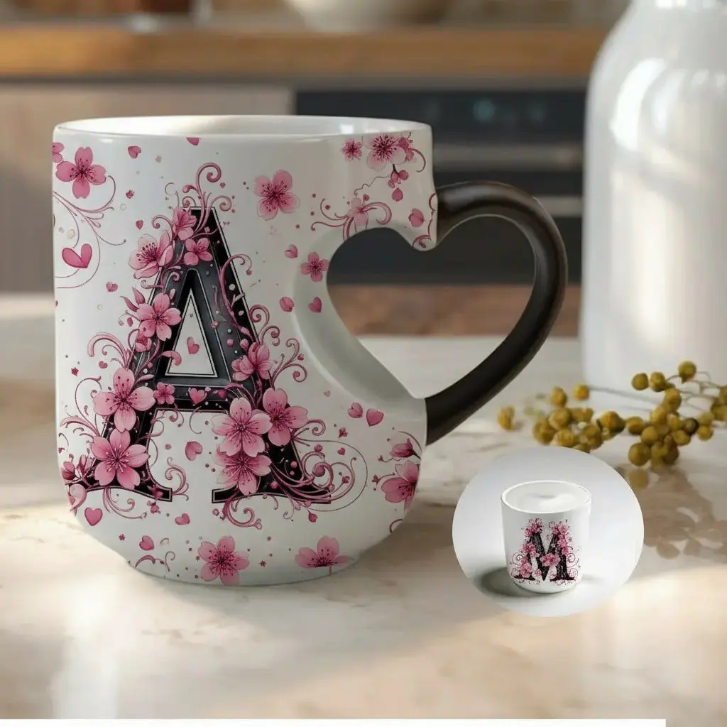 Thermosensitive Ceramic Coffee Mug, Customizable Cherry Blossom & Heart Monogram (Letter A) with Intricate Floral Details, Heart-Shaped Dark (Black) Handle, 11 Oz/330ML Capacity, Color-Changing Heat-Sensitive Design for Hot Drinks, Insulated Cup for