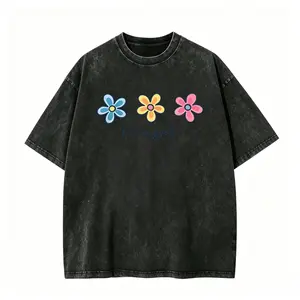 Men's Thick Pastel Ribbed Oversized Retro Acid Washed T-Shirt - Daisy Print, Drop Shoulder, Unisex Baggy Hip Hop Vintage Streetwear, Mother's Day Gift