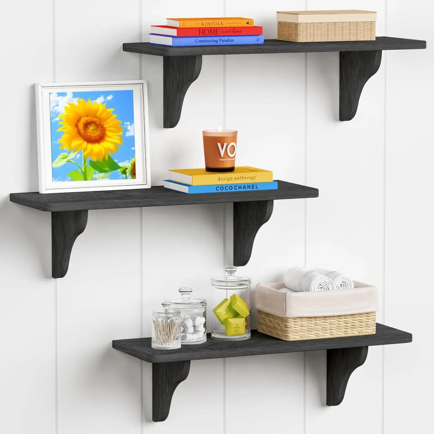 Wall Mounted Shelves for Bedroom 24 Inches Long, 8 Inch Deep Floating Shelves for Wall, Large Hanging Arched Shelf for  Bathroom Living Room Office Decor  Books (3-Pack, Black)