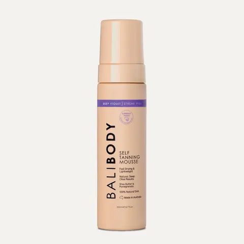Bali Body Deep Violet Self Tanning Mousse – Ultra Dark Olive Tan That Lasts Up to 7 Days, Violet Base (No Orange), Streak-Free Fast-Drying Sunless Tanner with Shea Butter & Pomegranate, Vegan, All Skin Types incl. Sensitive, 6.7 oz