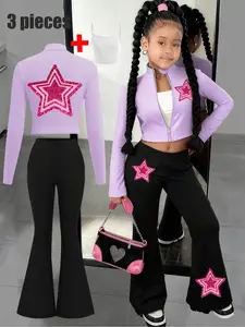 【Three-piece set】Girls' fashionable pink star pattern printed coat + flared pants + camisole three-piece set, a must-have for fashionable girls, comfortable and casual, perfect for street-style sweet and cool girls, excluding bags, Clothing Sets