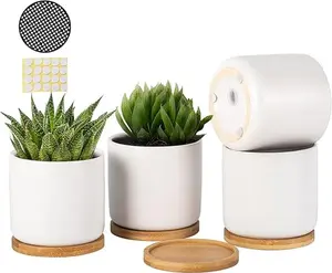 4 Inch Ceramic Plant Pots with Drainage Holes, Small Contrast Style Flower Planter Pot with Bamboo Tray for Indoor Plants, Succulent, Snake Plants, Cactus & Herbs, Set of 4