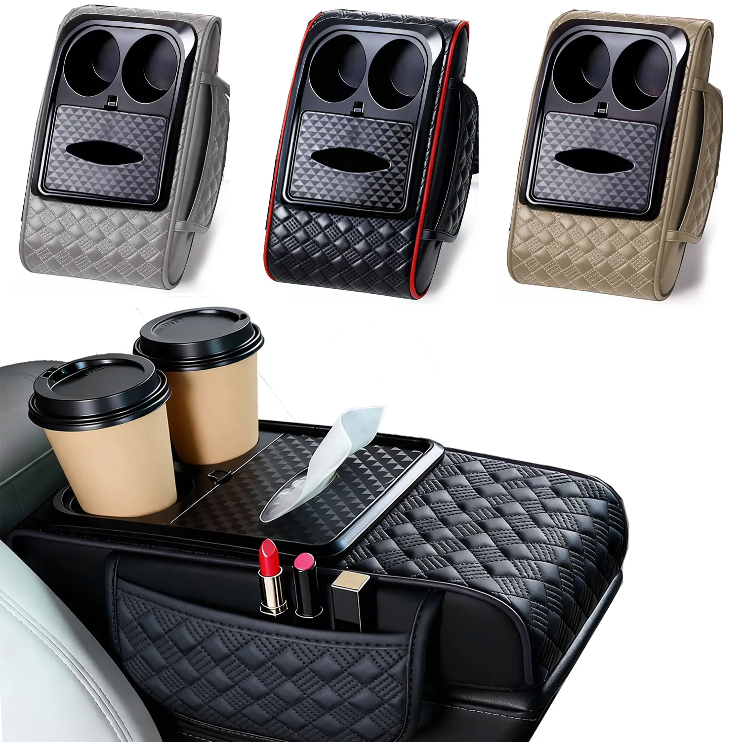 Car Armrest Box Storage Bag, Multifunctional Armrest Box Mat with Cup Holder, Tissue Box, Central Elbow 3inch Thickness Heightening Mat, Car Interior Accessories, Car Console Organizer, Automotive, Car Accessory #fathersdaygift