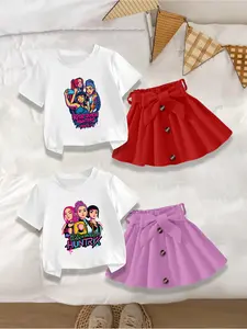 4 pieces: Girls' casual cute crew neck short-sleeve T-shirts and skirt sets, Fashion Style Sets, with Witch Hunter Group "KPOP" themed prints, trendy and sweet summer outfits