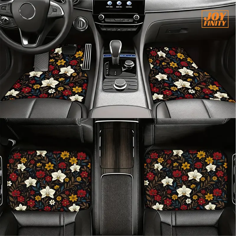 Joyfinity Pack of 4 [2D Plane] Retro Flower Car Floor Mat |    Floral Pattern Universal Model Is Suitable for SUV, Car, Van |    Daisy Leaf Herbal Carpet, Cute Female Exclusive, Girl Style Full Set of Car Accessories 2D Plane Model, 2D Flat