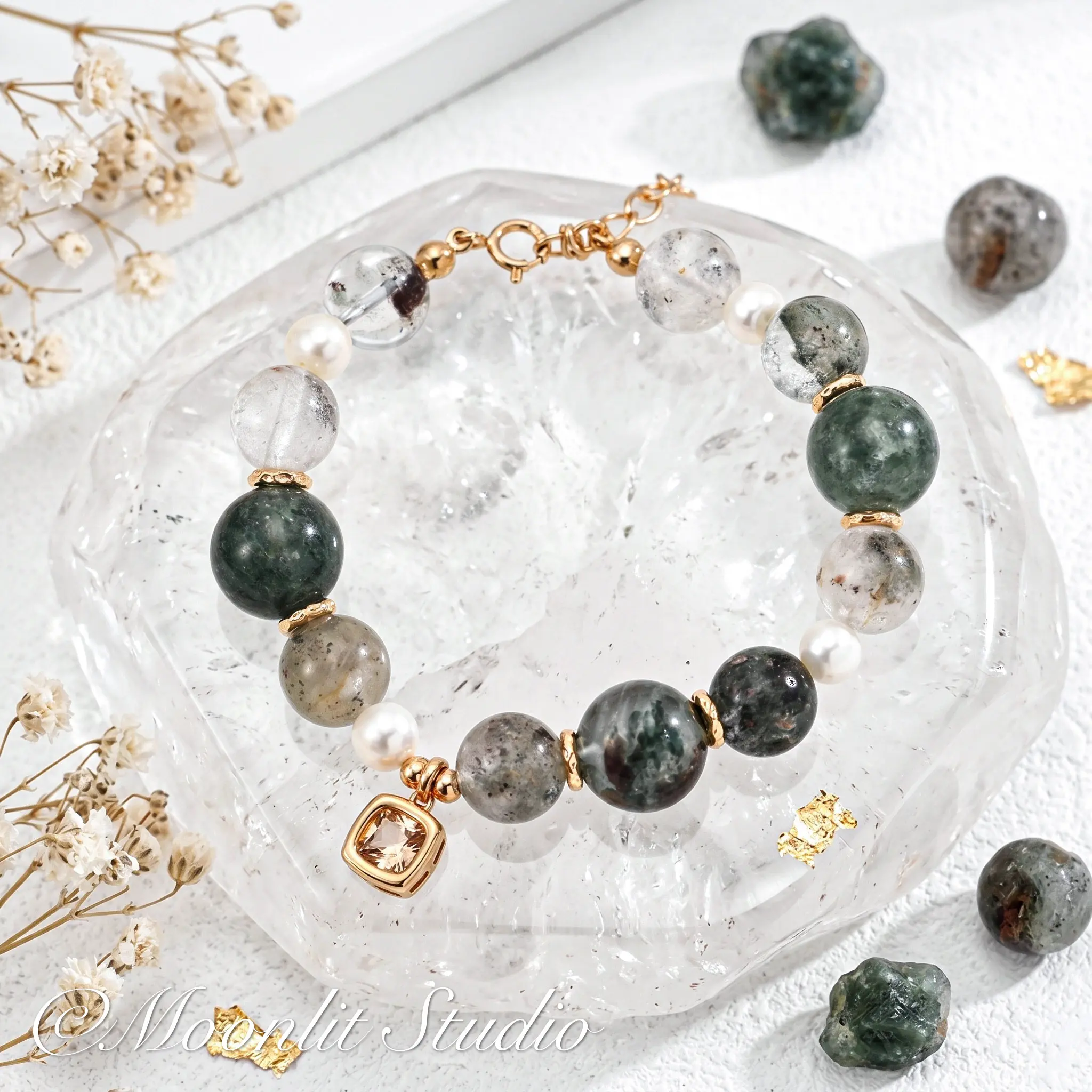 Elegant Natural Phantom Quartz & Pearl Bracelet, S925 Silver Vintage Gold Healing Crystal Bangle, Enchanted Forest Aesthetic Fashion Costume Jewelry