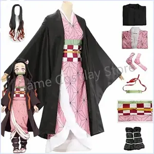 Anime Nezuko Cosplay Kamado Nezuko Cosplay Costume Nezuko Wig Props Uniform For Adult Kids Halloween Carnival Party Comic Con