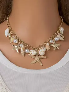 Starfish Necklace for Women Adjustable Natural Conch Pearl Seashell Choker Chunky Layered Shell Necklace Ocean-Themed Beach Summer Charm Jewelry