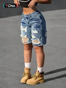 Women's Trendy Fashion Denim Mid-Thigh Pants Shorts, Breathable Comfort Spring Summer, Ripped Design, Casual Style, Button Fly Closure