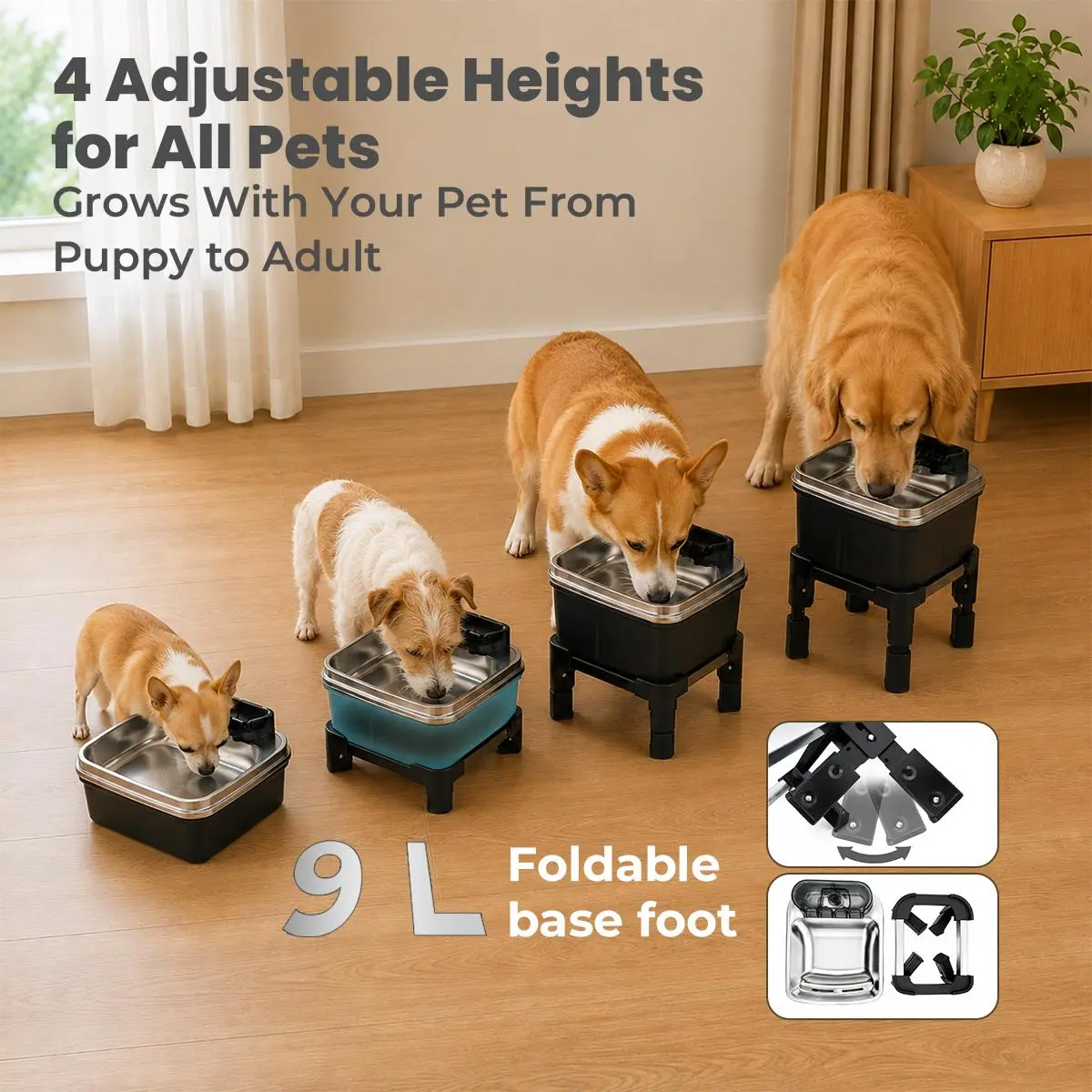 2.38 Gal 9L Capacity Stainless Steel Elevated Dog Water Fountain, 4-Level Adjustable Height Pet Dispenser, Ultra-Quiet Pump, 5 Replacement Filters, for All-Size Dogs & Cats, Black (No Battery Included)