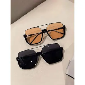 Unisex Wide Square Frame Double Bridge Sunglasses, UV400 Protection Casual Shades for Daily & Outdoor Wear