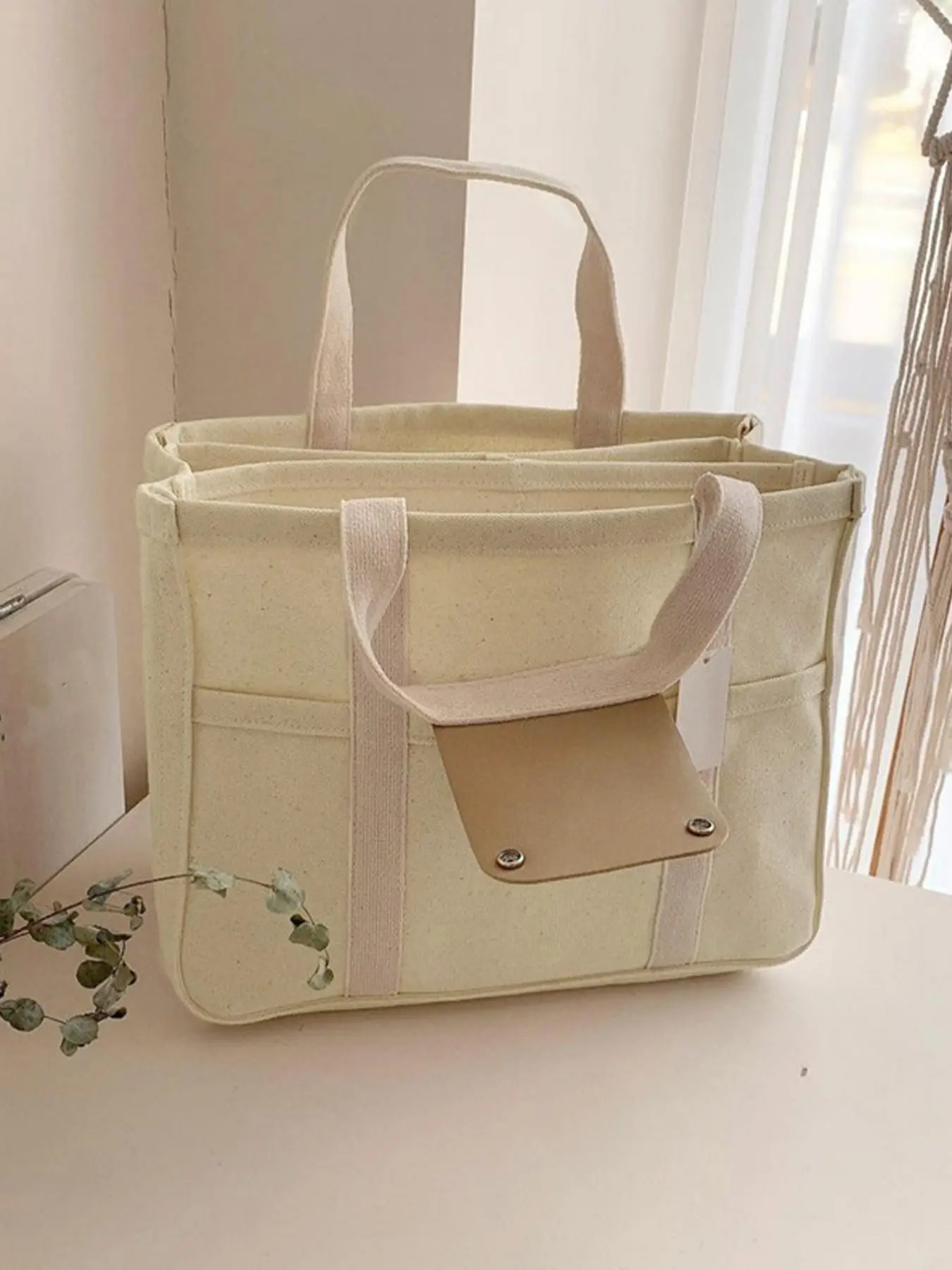 Casual Solid Color Large Capacity Canvas Tote Bag for School & Work, 2025 New Mommy Bag for Outdoors, Multi-pocket Design Shoulder Bag for Women & Men