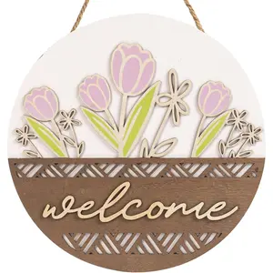 3D Spring Welcome Sign for Front Door, 11.8" Wooden Spring Floral Door Hanger, Outdoor Indoor Flower Wreath Wall Hanging House Decor, Red Green March Seasonal Front Porch Home Decorations