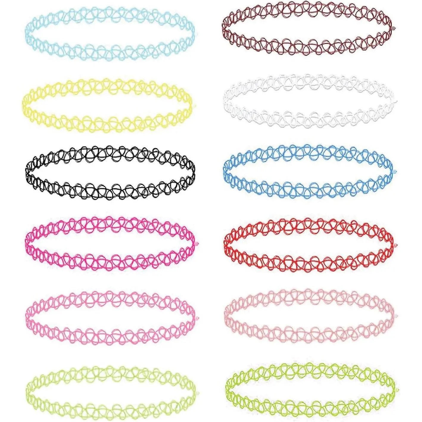 12PC Tattoo Choker Necklace - 90s Accessories 2000s Jewelry Y2K Fashion Vintage Trendy - Pink Blue Green Colorful Rainbow Goth Black - Stretchy Elastic Necklace