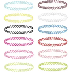 12PC Tattoo Choker Necklace - 90s Accessories 2000s Jewelry Y2K Fashion Vintage Trendy - Pink Blue Green Colorful Rainbow Goth Black - Stretchy Elastic Necklace
